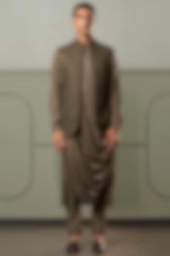 Olive Green Wedding Indowestern Jacket With Cowl Kurta Set by Qbik Men at Pernia's Pop Up Shop