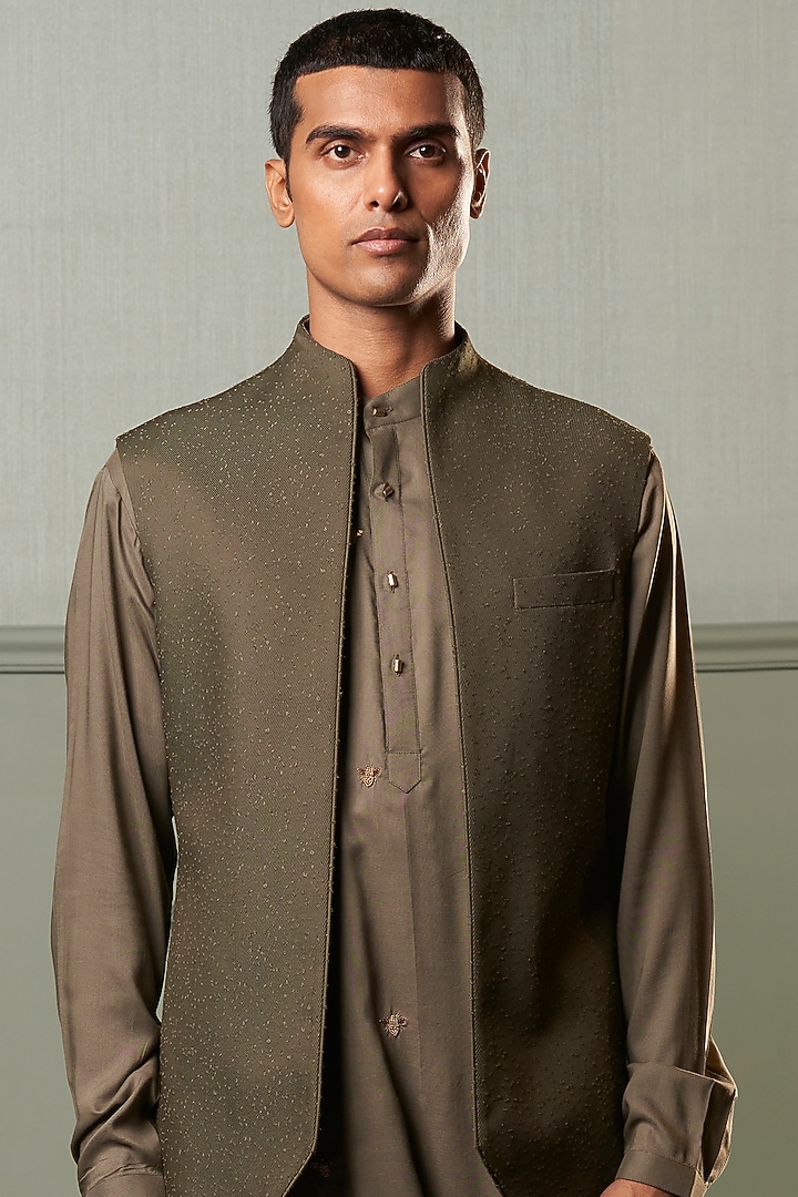 Olive Green Wedding Indowestern Jacket With Cowl Kurta Set by Qbik Men at Pernia's Pop Up Shop
