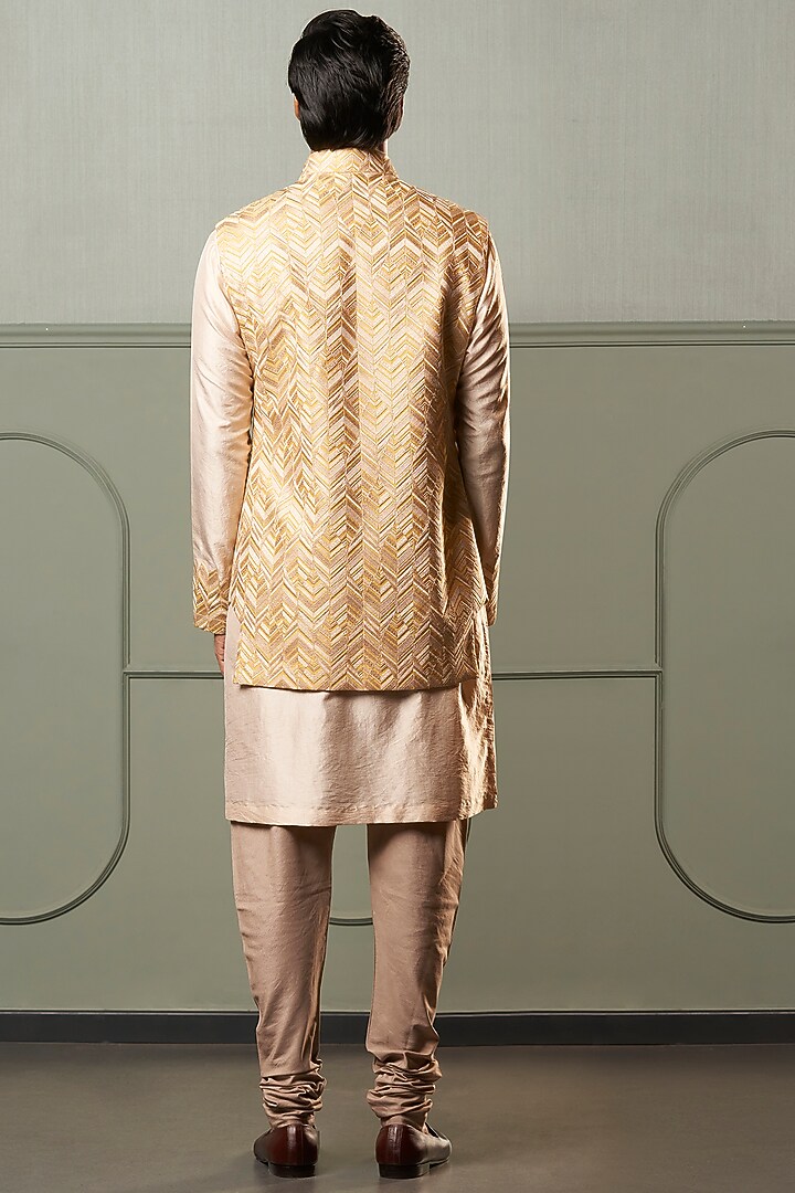 Mustard Yellow Kurta Set With Embroidered Nehru Jacket by Qbik Men at Pernia's Pop Up Shop