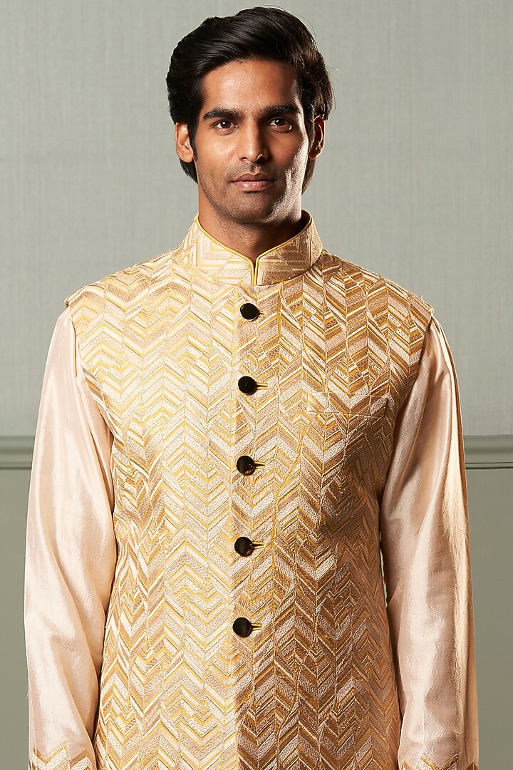 Mustard Yellow Kurta Set With Embroidered Nehru Jacket by Qbik Men at Pernia's Pop Up Shop