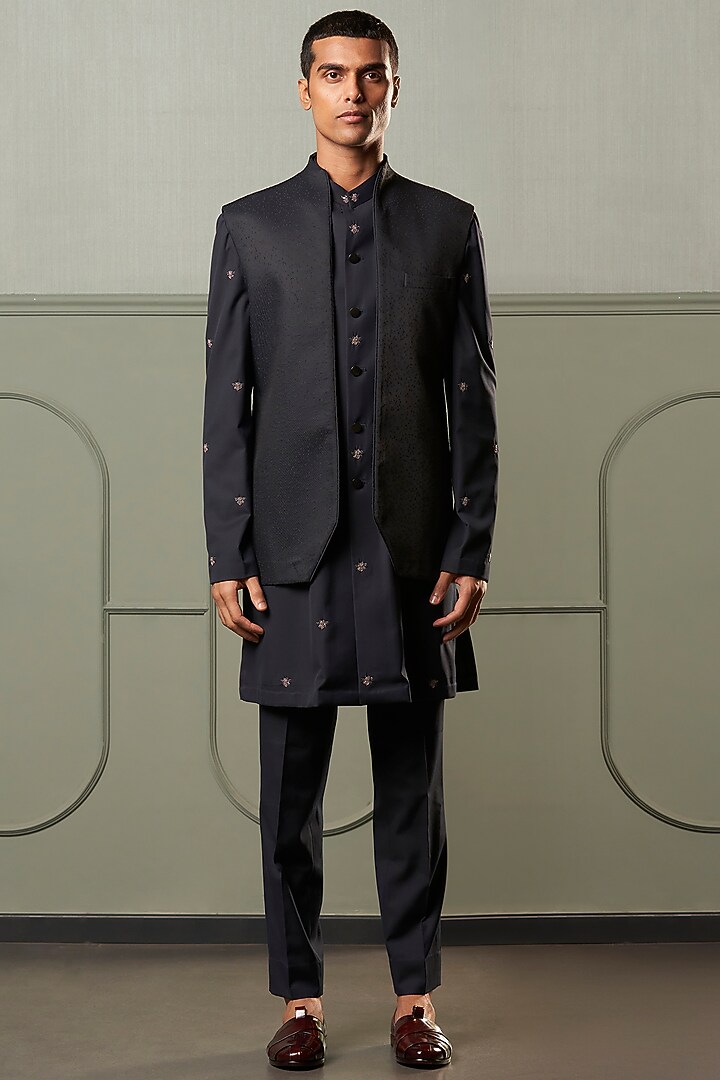 Navy Blue Silk Wedding Indowestern Set by Qbik Men at Pernia's Pop Up Shop