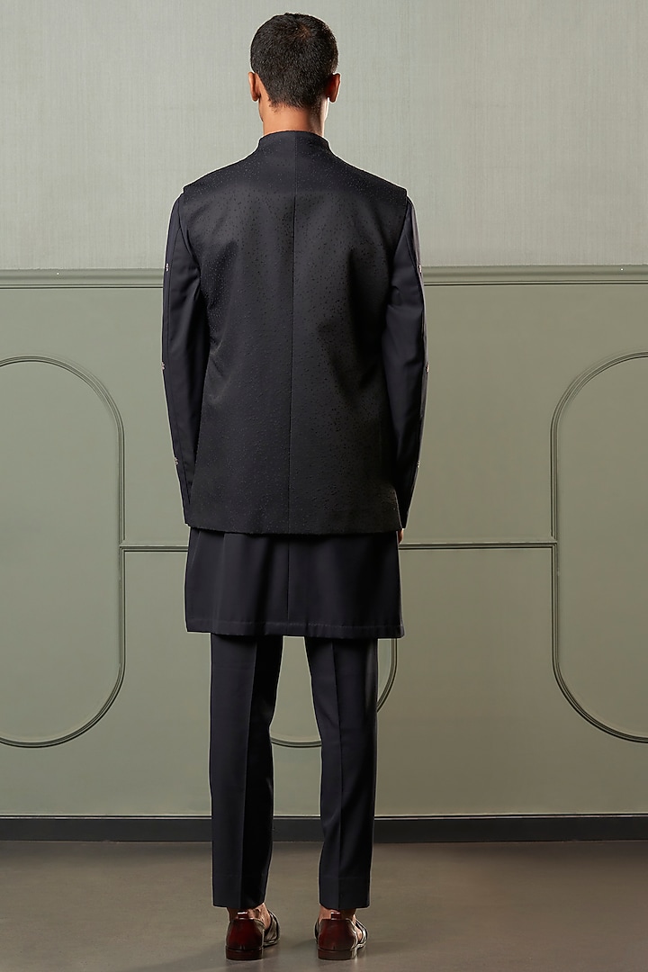 Navy Blue Silk Wedding Indowestern Set by Qbik Men at Pernia's Pop Up Shop