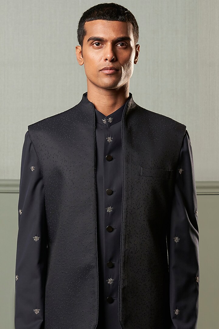 Navy Blue Silk Wedding Indowestern Set by Qbik Men at Pernia's Pop Up Shop