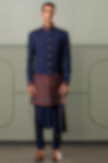 Blue Asymmetrical Kurta Set With Indo Western Wedding Bandhgala Jacket by Qbik Men at Pernia's Pop Up Shop