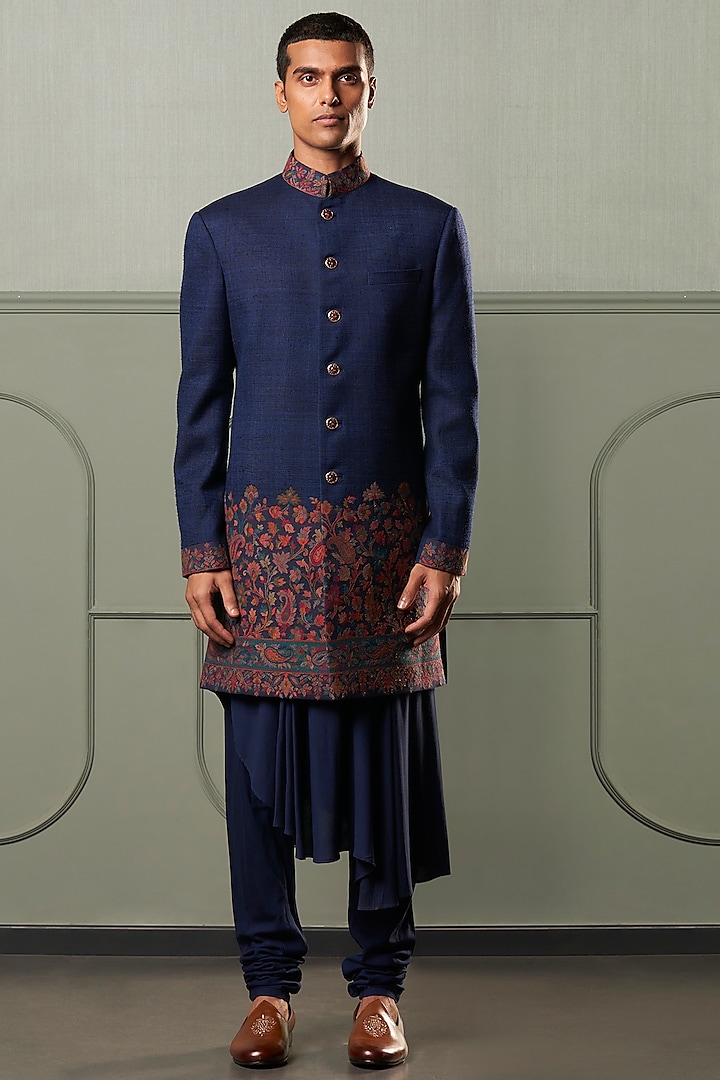 Blue Asymmetrical Kurta Set With Indo Western Wedding Bandhgala Jacket by Qbik Men at Pernia's Pop Up Shop