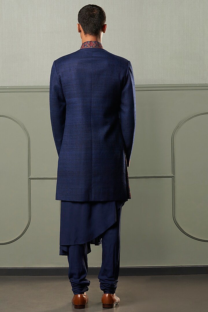 Blue Asymmetrical Kurta Set With Indo Western Wedding Bandhgala Jacket by Qbik Men at Pernia's Pop Up Shop