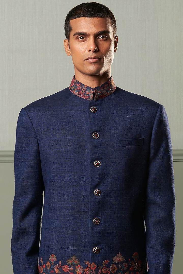 Blue Asymmetrical Kurta Set With Indo Western Wedding Bandhgala Jacket by Qbik Men at Pernia's Pop Up Shop
