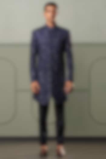 Navy Blue Chevron Embroidered Groom Indowestern Set by Qbik Men at Pernia's Pop Up Shop