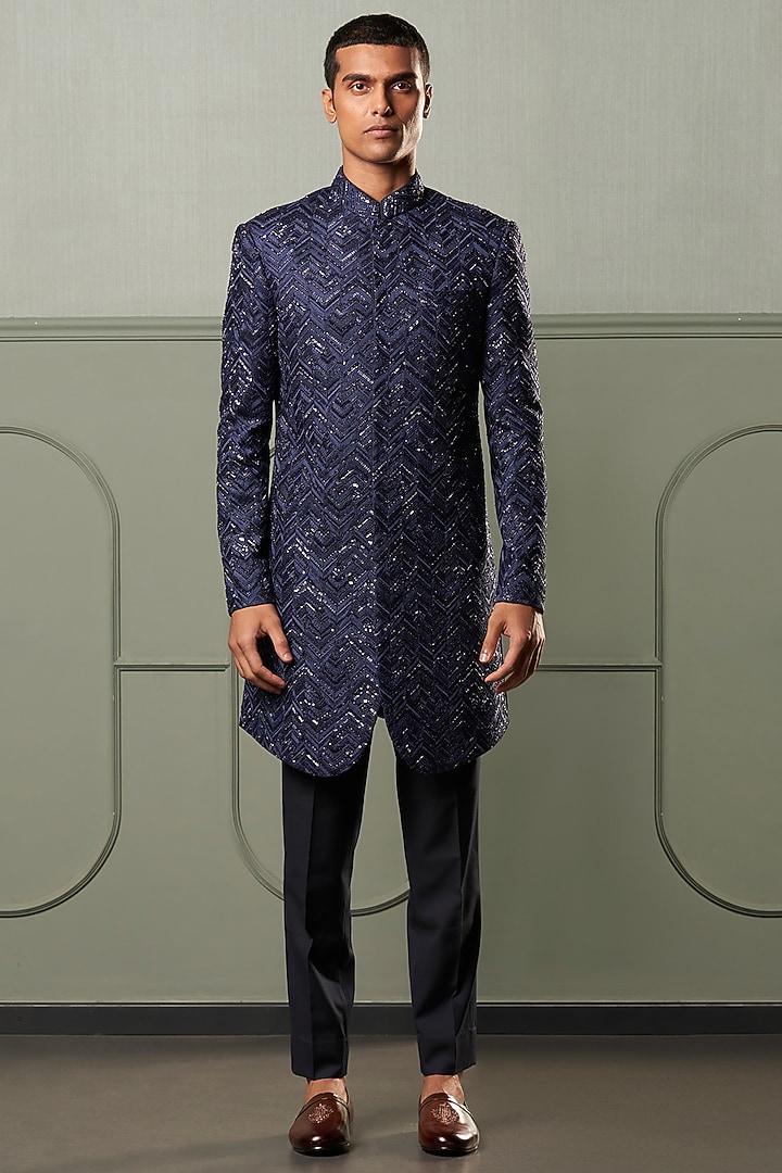 Navy Blue Chevron Embroidered Groom Indowestern Set by Qbik Men at Pernia's Pop Up Shop
