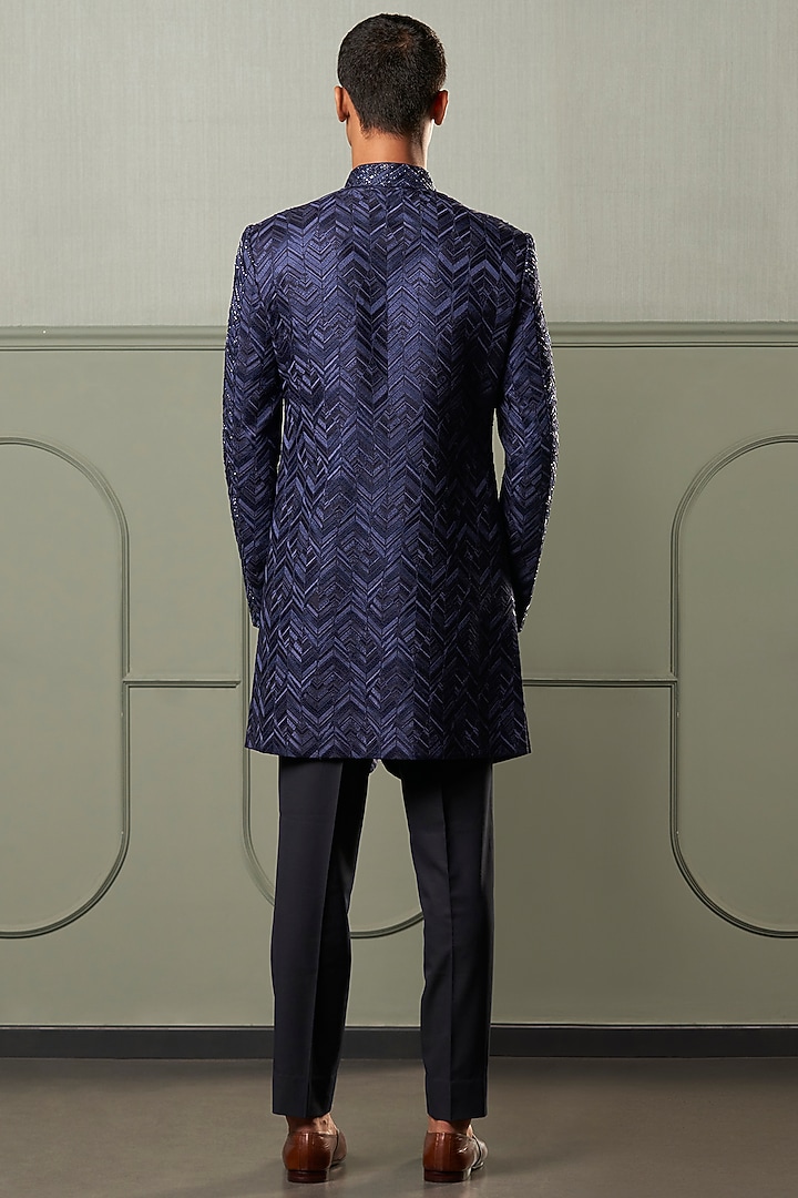 Navy Blue Chevron Embroidered Groom Indowestern Set by Qbik Men at Pernia's Pop Up Shop