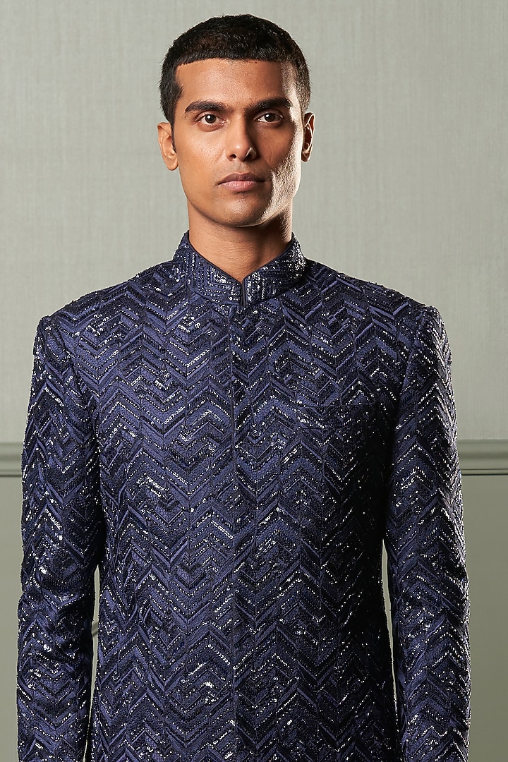 Navy Blue Chevron Embroidered Groom Indowestern Set by Qbik Men at Pernia's Pop Up Shop