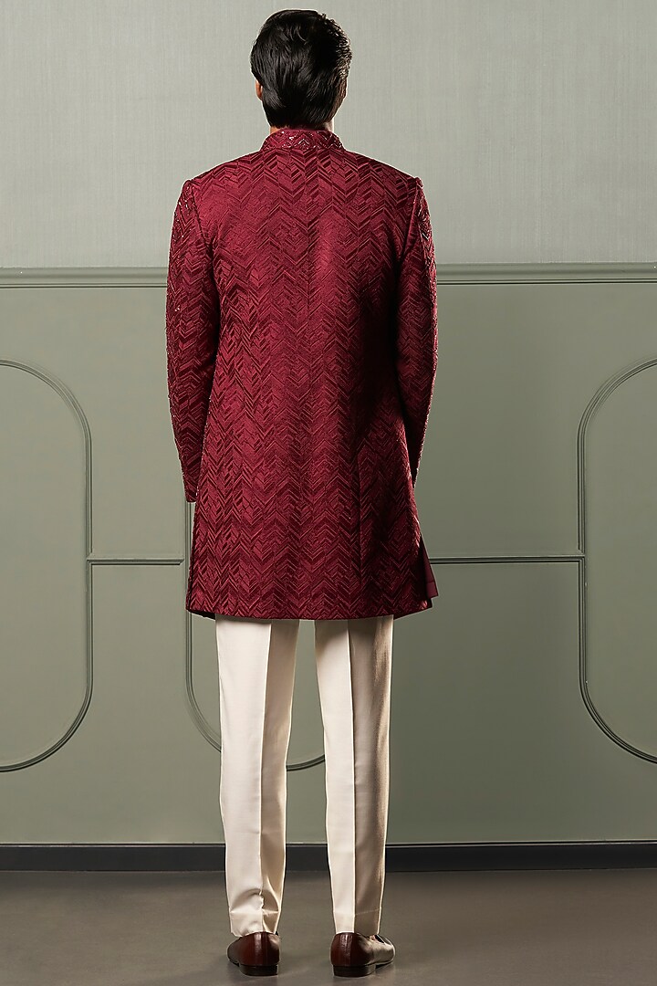 Wine Chevron Embroidered Groom Indowestern Set by Qbik Men at Pernia's Pop Up Shop