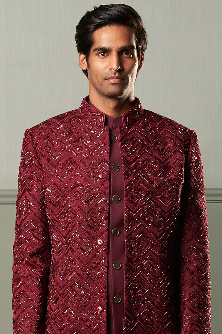 Wine Chevron Embroidered Groom Indowestern Set by Qbik Men at Pernia's Pop Up Shop