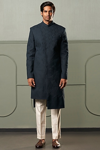 Teal Blue Asymmetrical Sherwani Set by Qbik Men