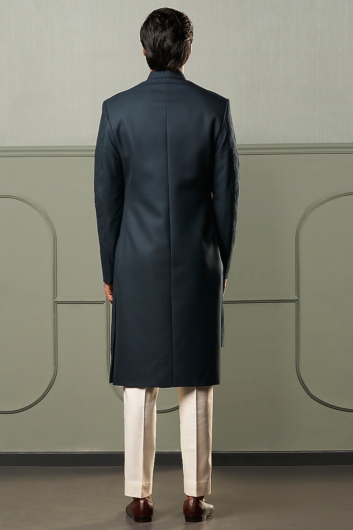 Teal Blue Asymmetrical Wedding Sherwani Set by Qbik Men at Pernia's Pop Up Shop