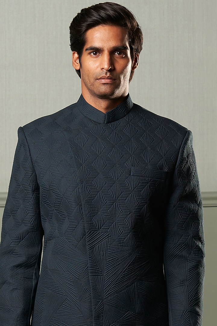 Teal Blue Asymmetrical Wedding Sherwani Set by Qbik Men at Pernia's Pop Up Shop