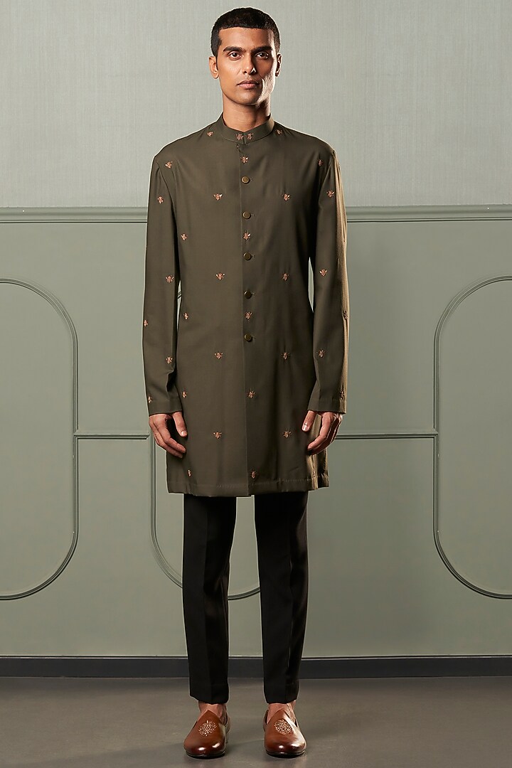 Olive Green Embroidered Front Open Kurta Set by Qbik Men at Pernia's Pop Up Shop