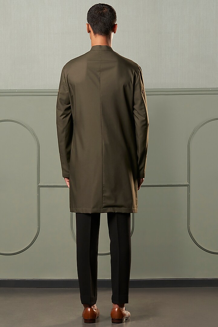 Olive Green Embroidered Front Open Kurta Set by Qbik Men at Pernia's Pop Up Shop