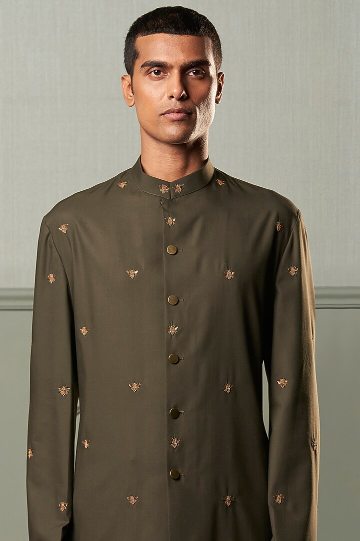 Olive Green Embroidered Front Open Kurta Set by Qbik Men at Pernia's Pop Up Shop