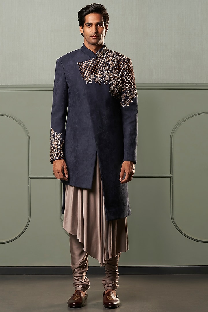 Navy Blue Embroidered Asymmetrical Indo-Western Set by Qbik Men at Pernia's Pop Up Shop