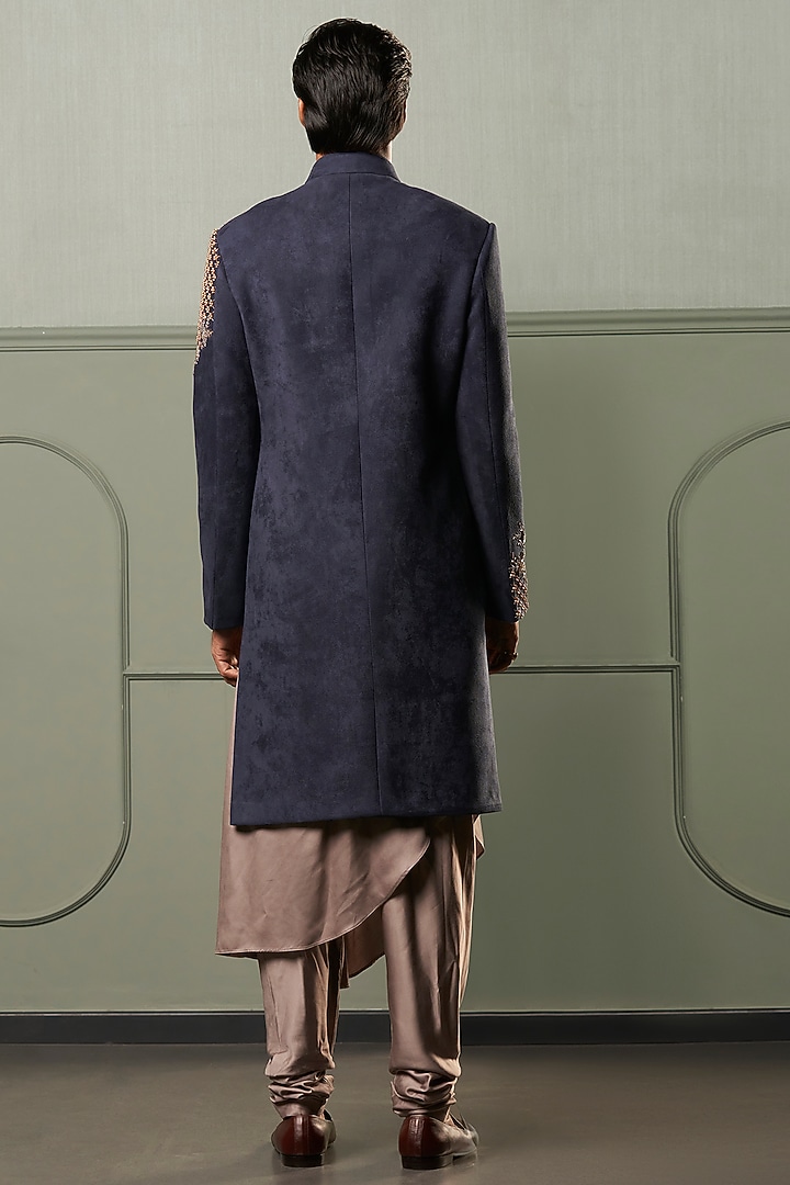 Navy Blue Embroidered Asymmetrical Indo-Western Set by Qbik Men at Pernia's Pop Up Shop