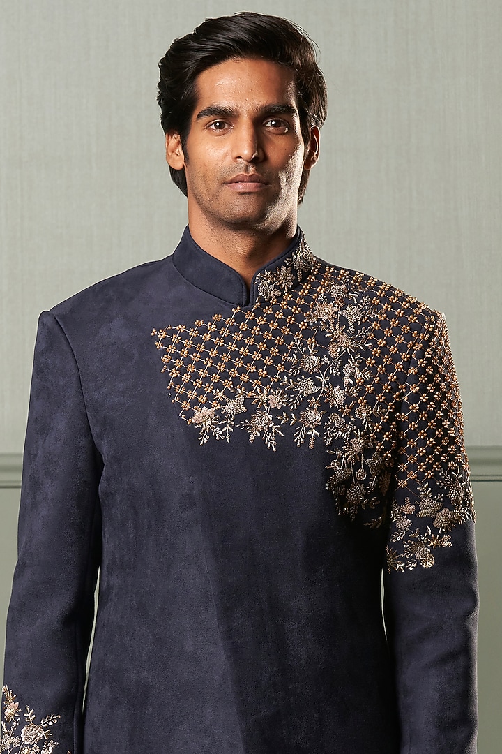 Navy Blue Embroidered Asymmetrical Indo-Western Set by Qbik Men at Pernia's Pop Up Shop