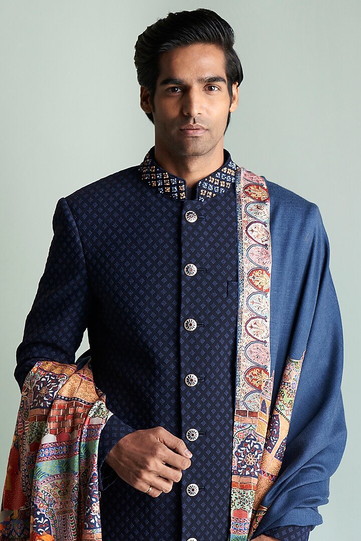 Navy Blue Thread Embroidered Wedding Sherwani Set by Qbik Men at Pernia's Pop Up Shop