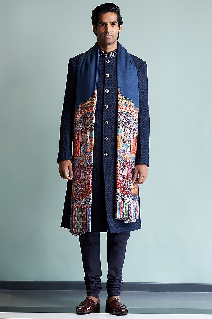 Navy Blue Thread Embroidered Wedding Sherwani Set by Qbik Men at Pernia's Pop Up Shop