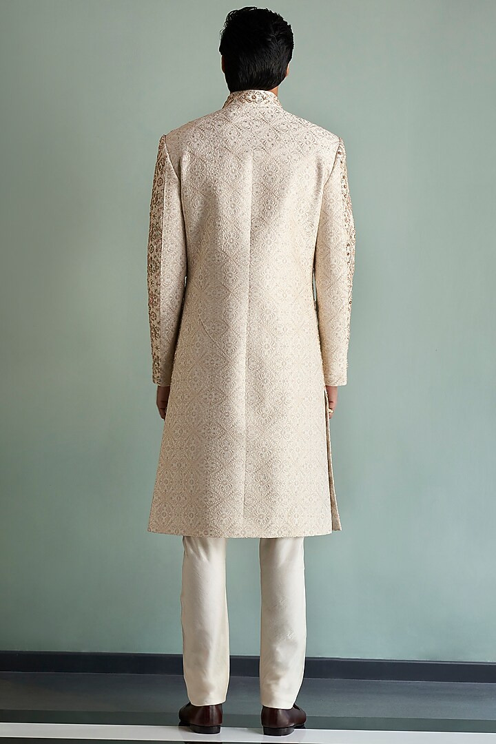 Light Beige Silk Embroidered Groom Sherwani Set by Qbik Men at Pernia's Pop Up Shop