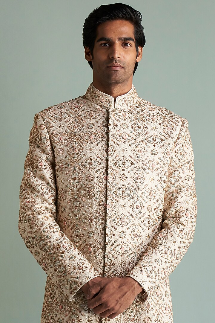 Light Beige Silk Embroidered Groom Sherwani Set by Qbik Men at Pernia's Pop Up Shop