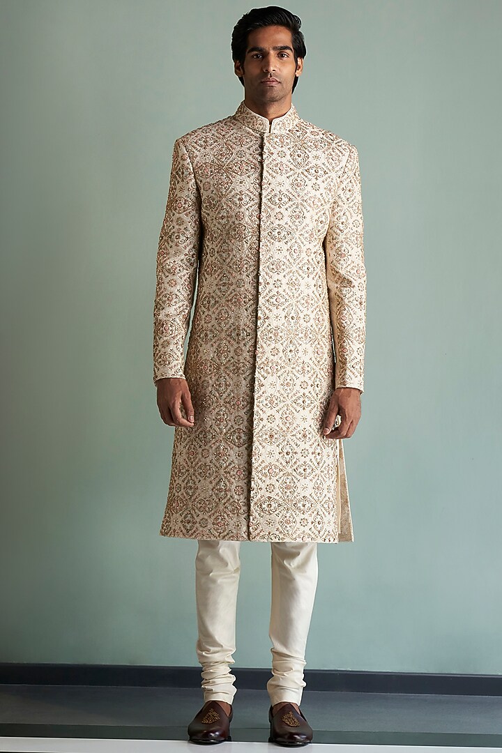 Light Beige Silk Embroidered Groom Sherwani Set by Qbik Men at Pernia's Pop Up Shop