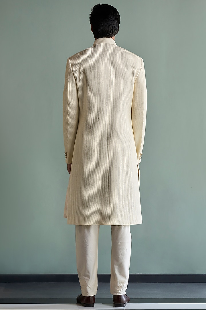 Cream Silk Groom Sherwani Set With Dhaga Work by Qbik Men at Pernia's Pop Up Shop