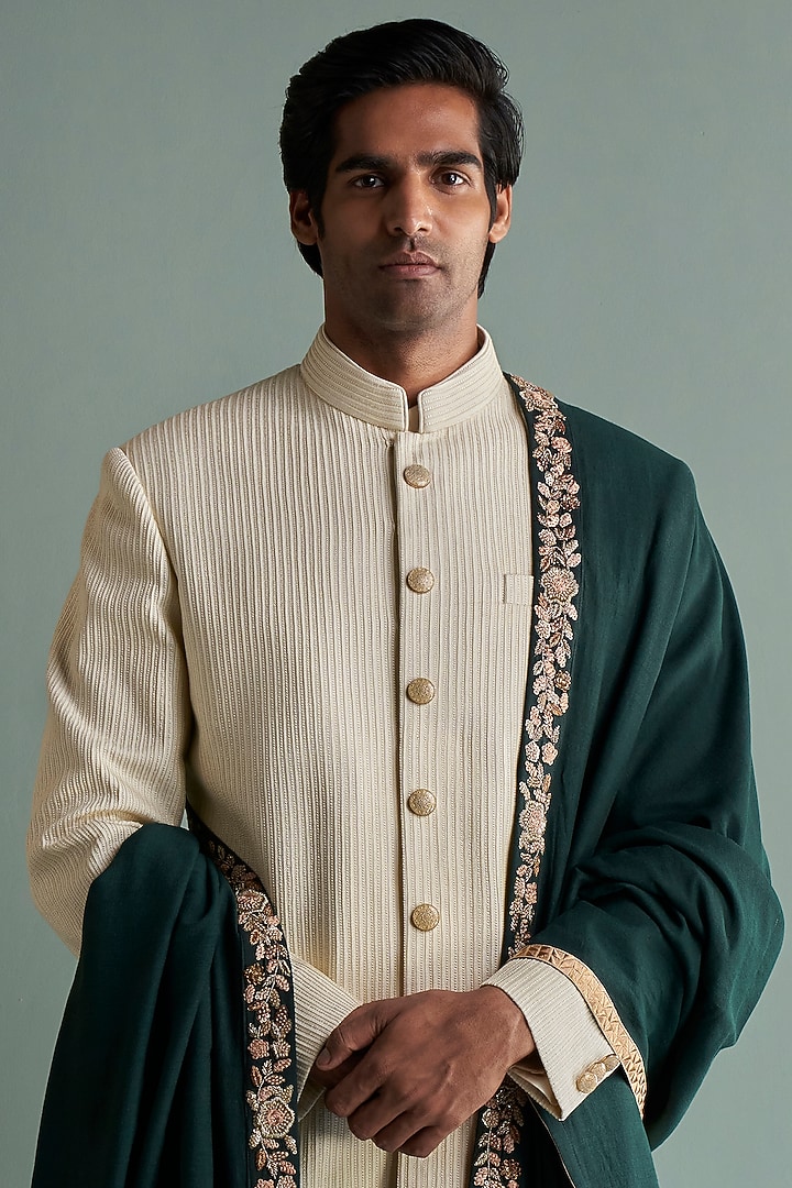 Cream Silk Groom Sherwani Set With Dhaga Work by Qbik Men at Pernia's Pop Up Shop