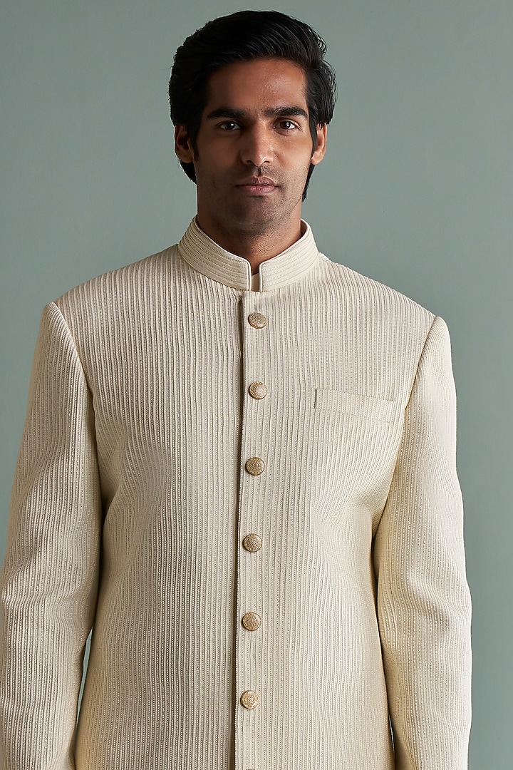 Cream Silk Groom Sherwani Set With Dhaga Work by Qbik Men at Pernia's Pop Up Shop