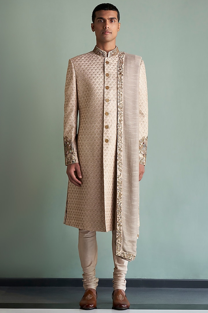 Blush Pink Zari Embroidered Groom Sherwani Set by Qbik Men at Pernia's Pop Up Shop