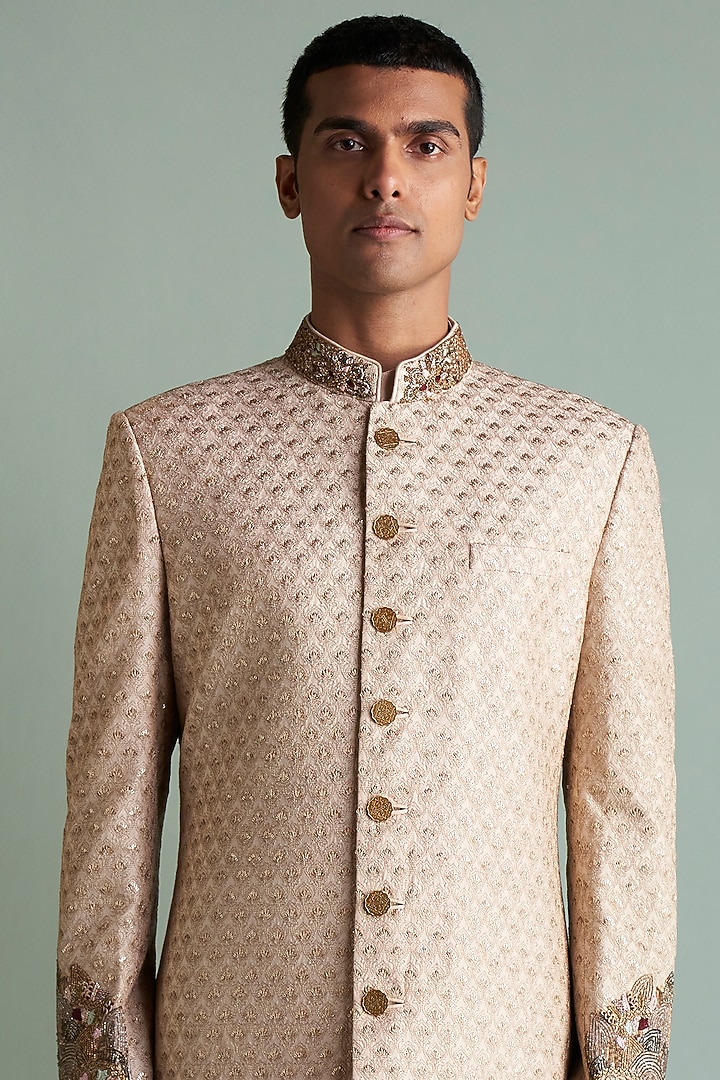 Blush Pink Zari Embroidered Groom Sherwani Set by Qbik Men at Pernia's Pop Up Shop