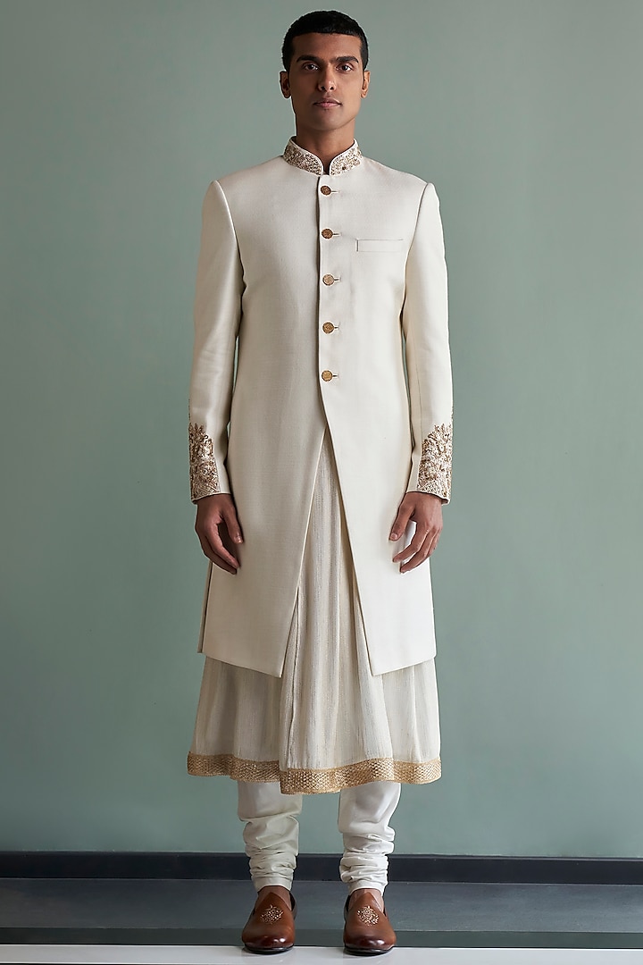 Ivory Silk Groom Sherwani Set by Qbik Men at Pernia's Pop Up Shop