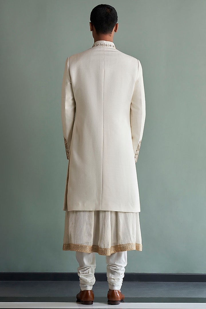 Ivory Silk Groom Sherwani Set by Qbik Men at Pernia's Pop Up Shop