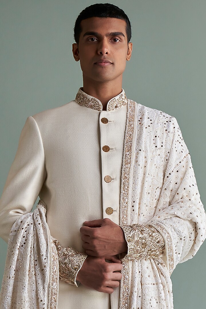 Ivory Silk Groom Sherwani Set by Qbik Men at Pernia's Pop Up Shop