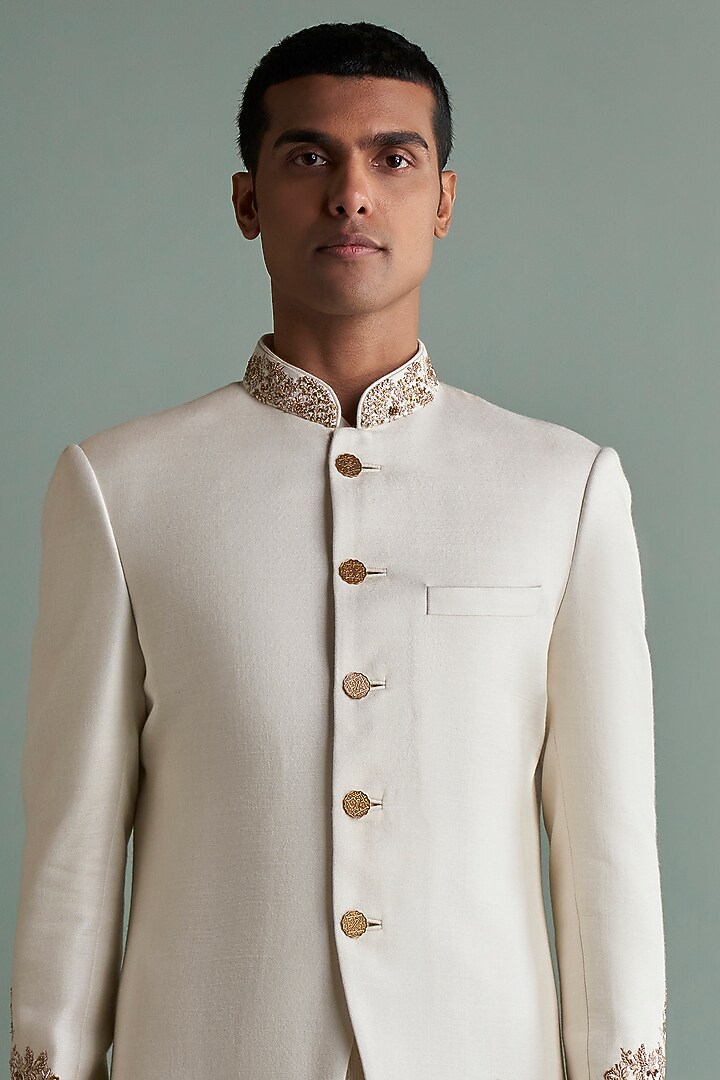 Ivory Silk Groom Sherwani Set by Qbik Men at Pernia's Pop Up Shop