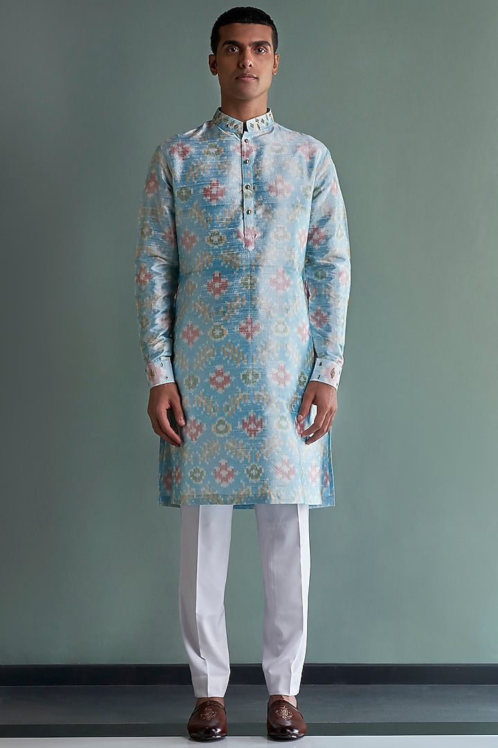 Sky Blue Embroidered Ikat Kurta Set by Qbik Men at Pernia's Pop Up Shop