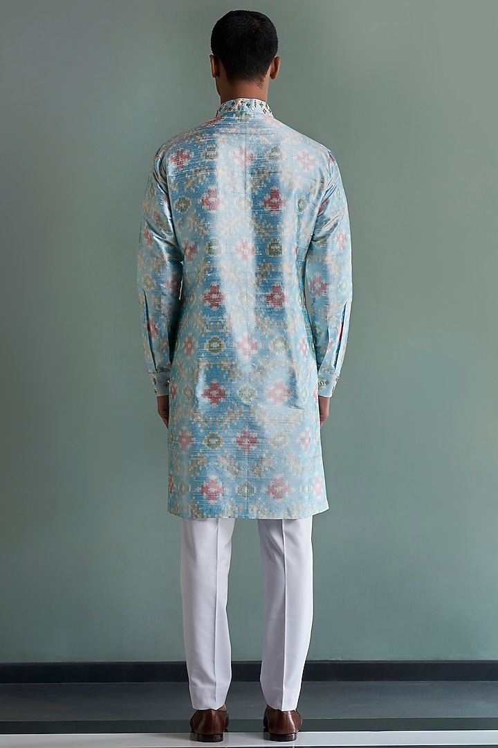 Sky Blue Embroidered Ikat Kurta Set by Qbik Men at Pernia's Pop Up Shop