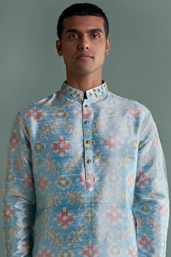Sky Blue Embroidered Ikat Kurta Set by Qbik Men at Pernia's Pop Up Shop