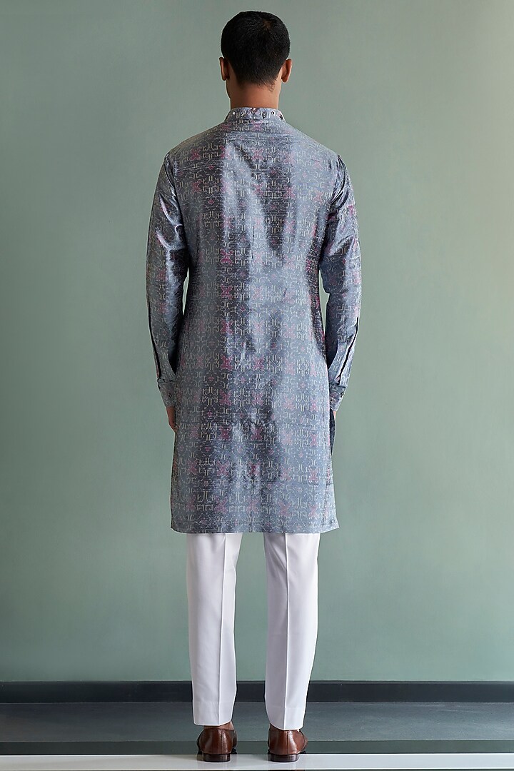 Grey Embroidered Ikat Kurta Set by Qbik Men at Pernia's Pop Up Shop