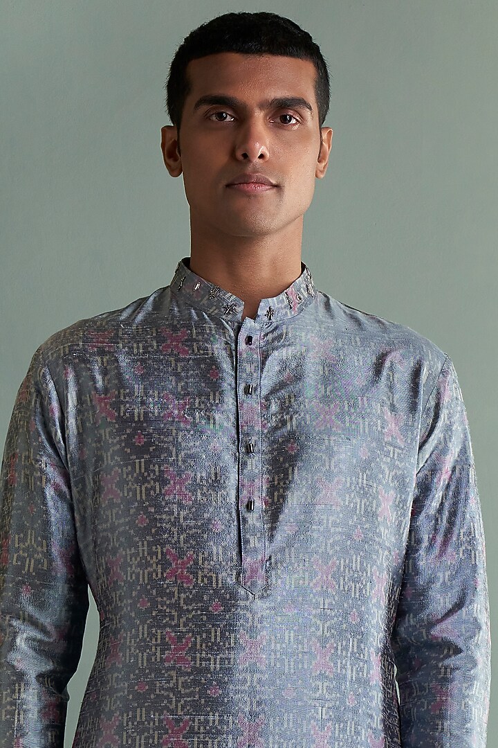 Grey Embroidered Ikat Kurta Set by Qbik Men at Pernia's Pop Up Shop