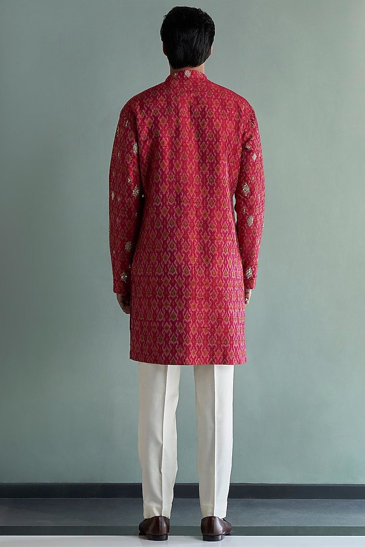 Crimson Red Embroidered Ikat Kurta Set by Qbik Men at Pernia's Pop Up Shop