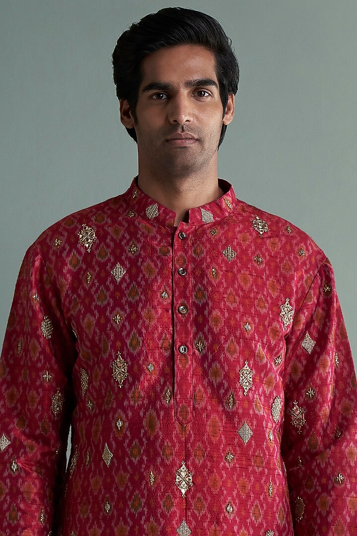 Crimson Red Embroidered Ikat Kurta Set by Qbik Men at Pernia's Pop Up Shop