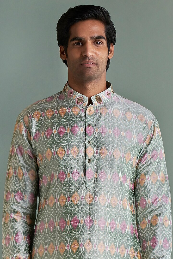 Pista Green Embroidered Ikat Kurta Set by Qbik Men at Pernia's Pop Up Shop