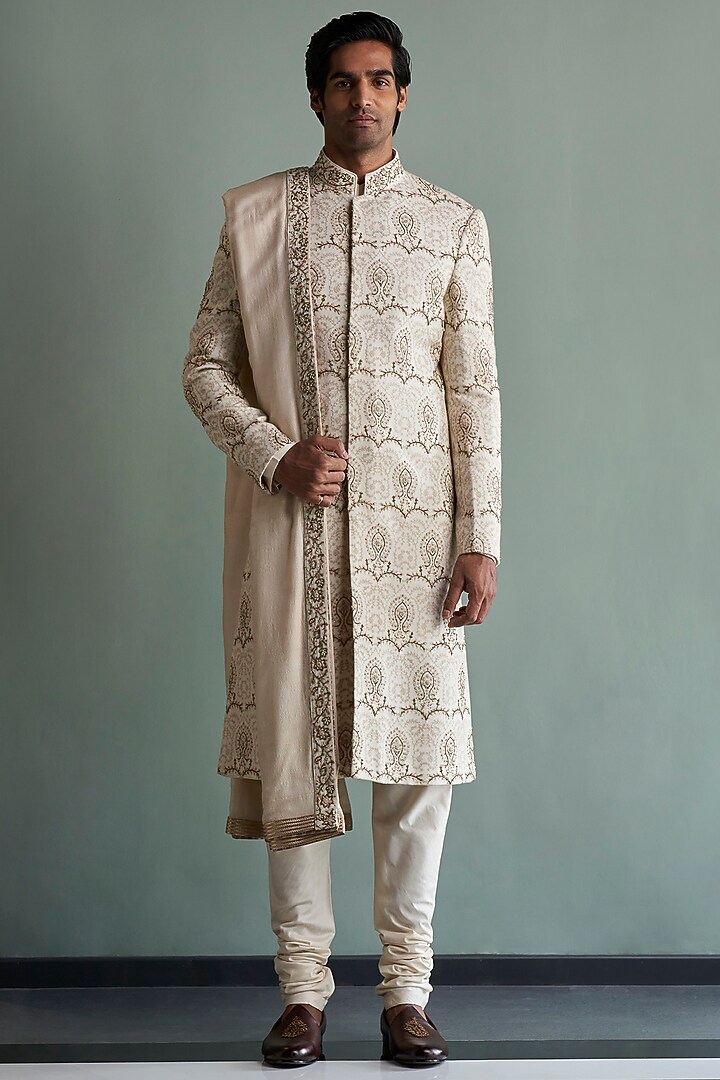 Cream Thread Embroidered Groom Sherwani Set by Qbik Men at Pernia's Pop Up Shop