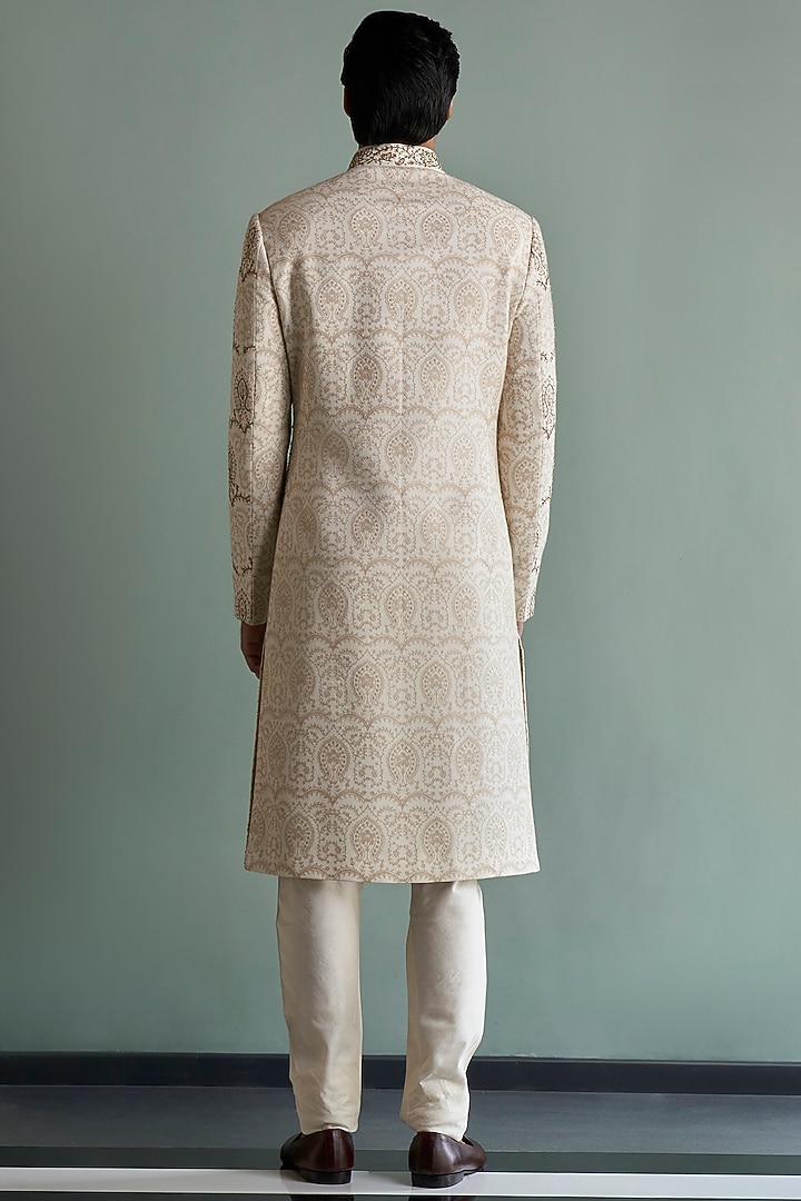 Cream Thread Embroidered Groom Sherwani Set by Qbik Men at Pernia's Pop Up Shop
